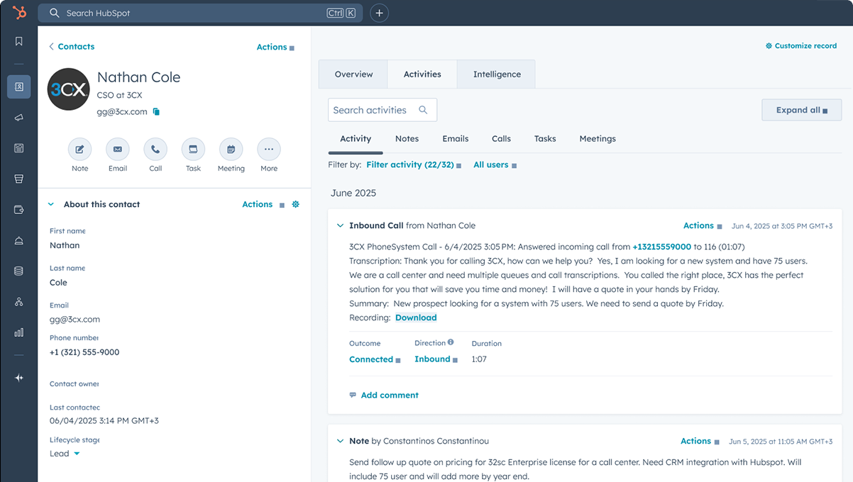3CX crm-integration - hubspot transcription