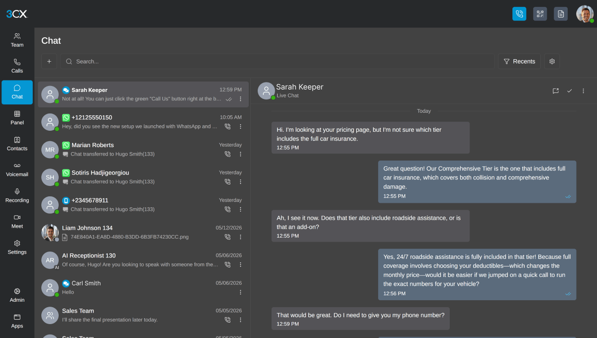 3CX live chat - message pbx view