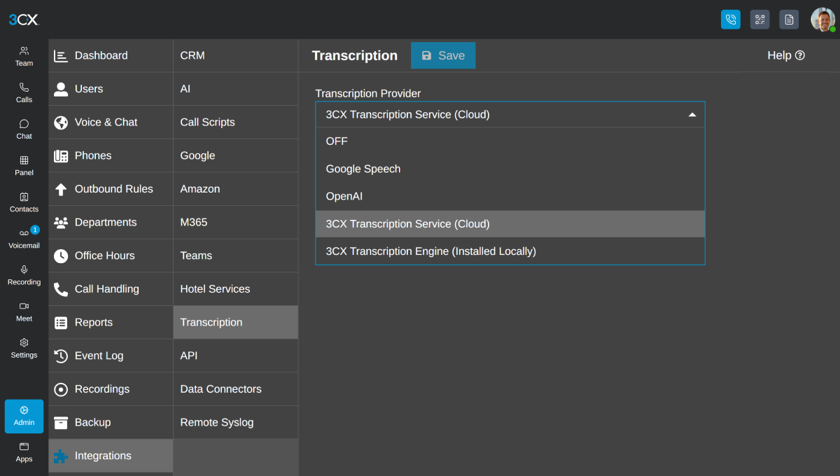 3CX web client Transcription report