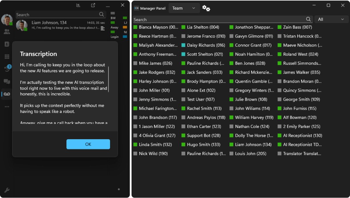3CX ai transcription softphone window